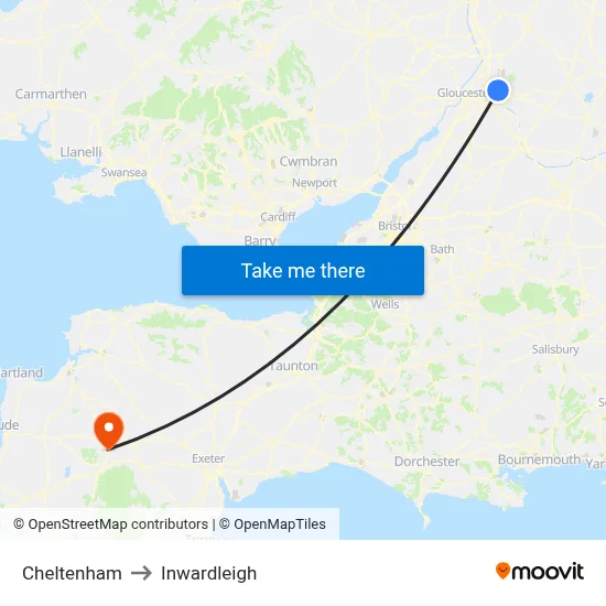 Cheltenham to Inwardleigh map