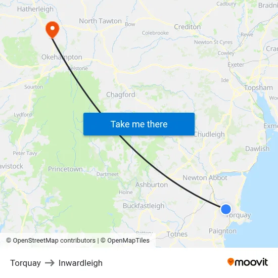Torquay to Inwardleigh map