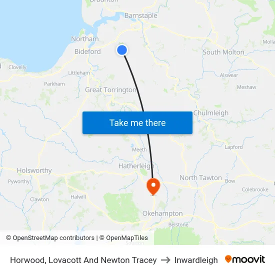 Horwood, Lovacott And Newton Tracey to Inwardleigh map