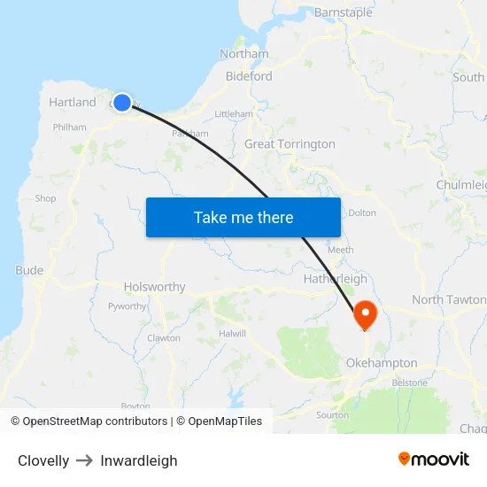 Clovelly to Inwardleigh map