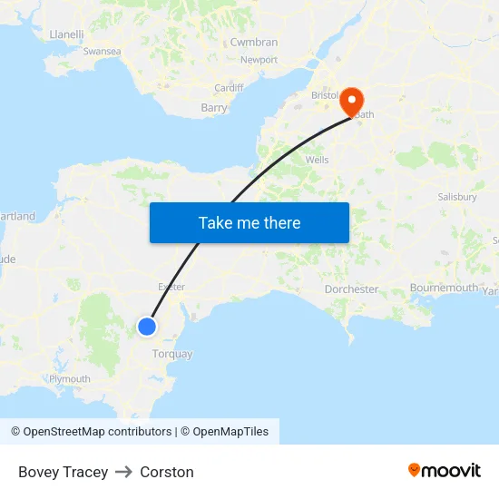 Bovey Tracey to Corston map