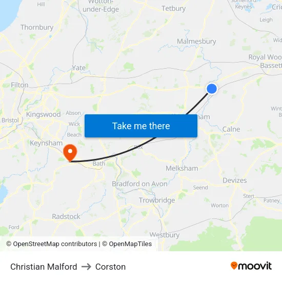 Christian Malford to Corston map