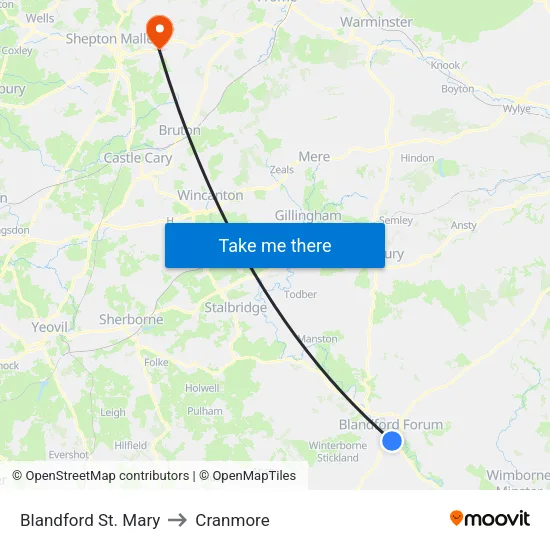 Blandford St. Mary to Cranmore map