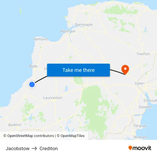 Jacobstow to Crediton map