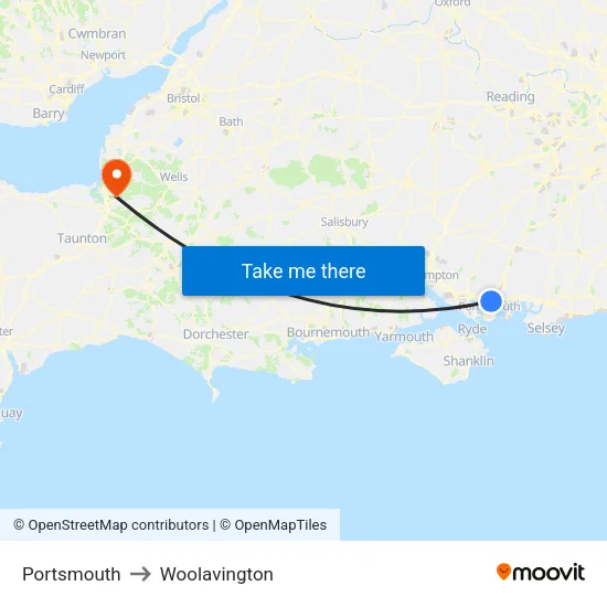 Portsmouth to Woolavington map