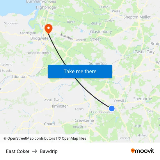 East Coker to Bawdrip map