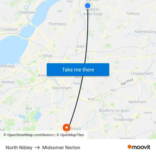 North Nibley to Midsomer Norton map