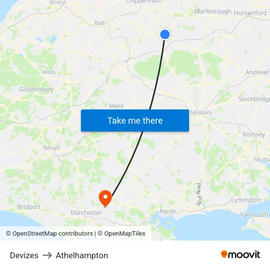 Devizes to Athelhampton map