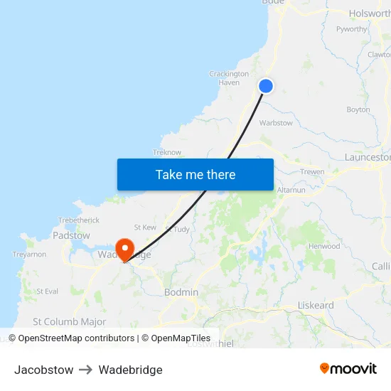 Jacobstow to Wadebridge map