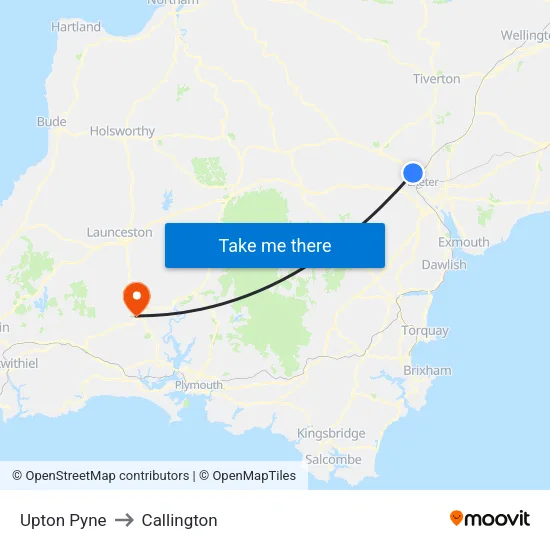 Upton Pyne to Callington map