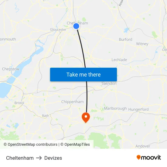 Cheltenham to Devizes map