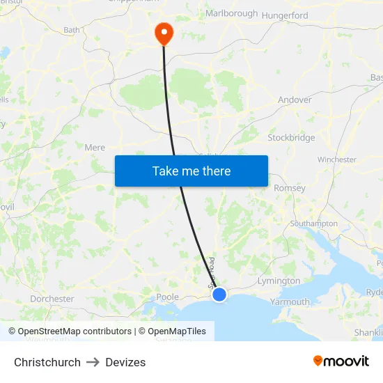 Christchurch to Devizes map