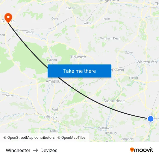 Winchester to Devizes map