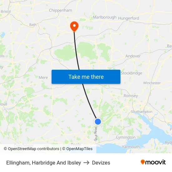 Ellingham, Harbridge And Ibsley to Devizes map