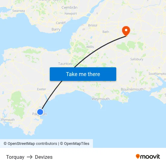 Torquay to Devizes map