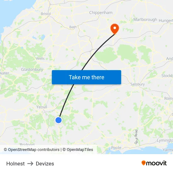 Holnest to Devizes map