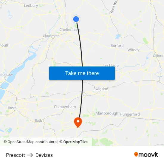 Prescott to Devizes map