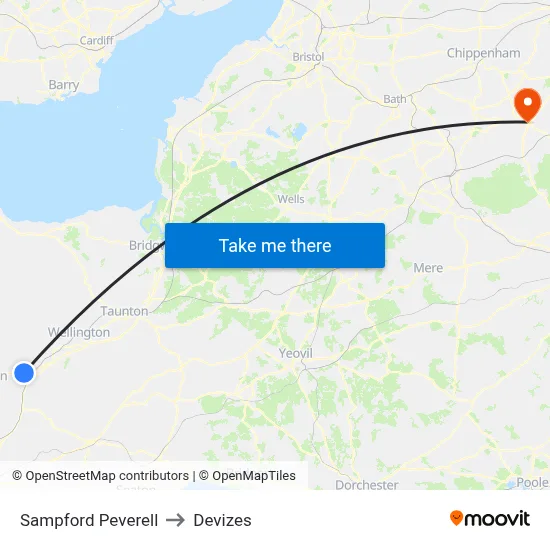Sampford Peverell to Devizes map
