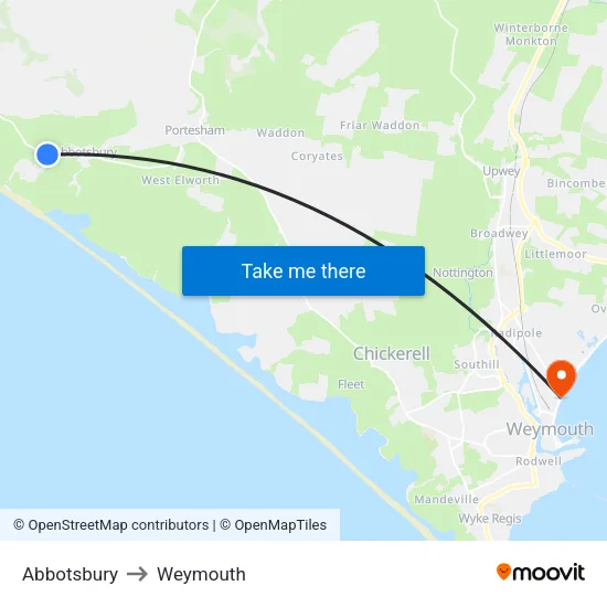 Abbotsbury to Weymouth map