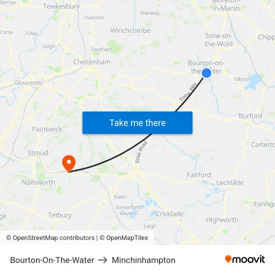 Bourton-On-The-Water to Minchinhampton map