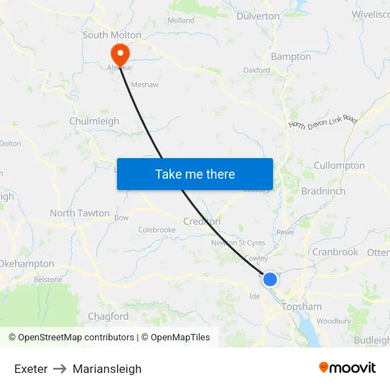 Exeter to Mariansleigh map