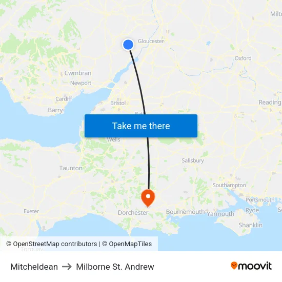 Mitcheldean to Milborne St. Andrew map