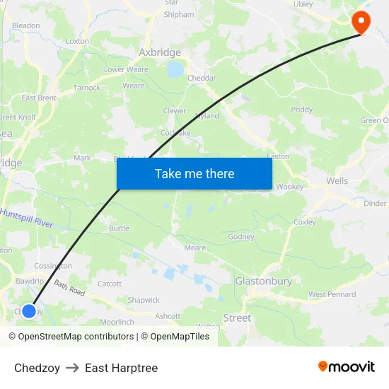 Chedzoy to East Harptree map