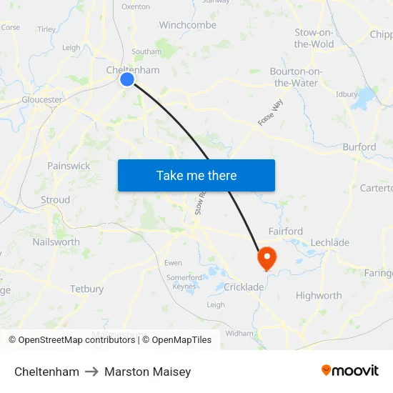 Cheltenham to Marston Maisey map