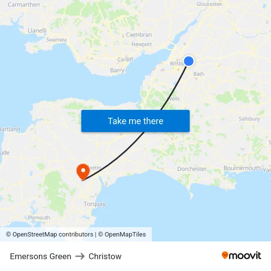 Emersons Green to Christow map