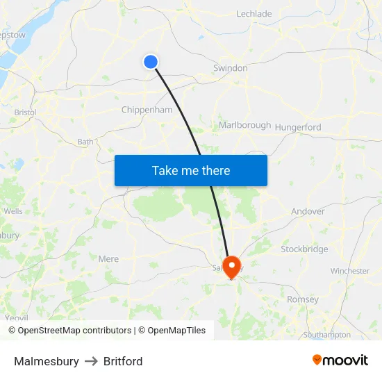 Malmesbury to Britford map