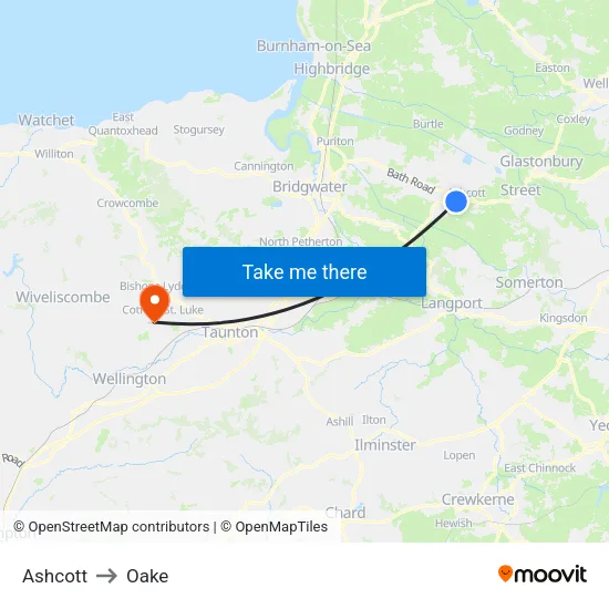 Ashcott to Oake map