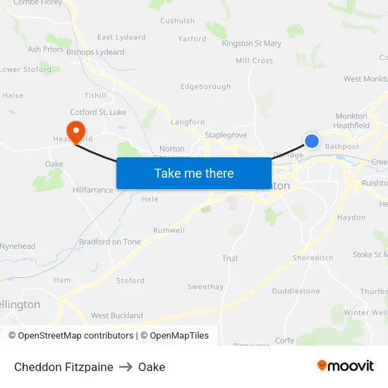 Cheddon Fitzpaine to Oake map