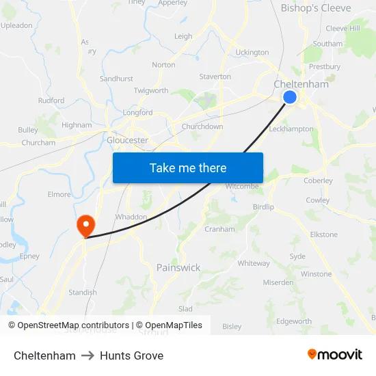 Cheltenham to Hunts Grove map