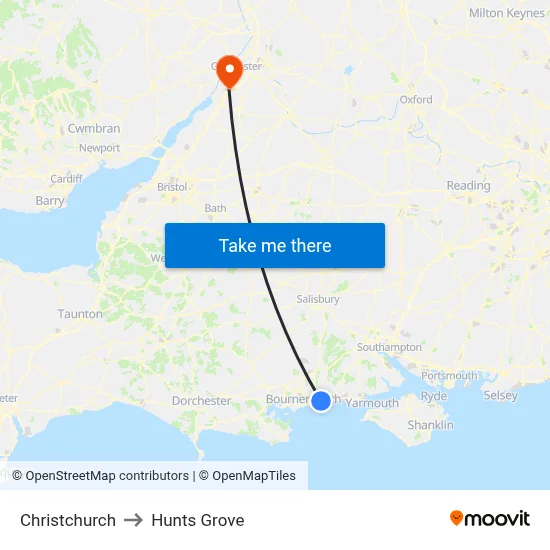 Christchurch to Hunts Grove map