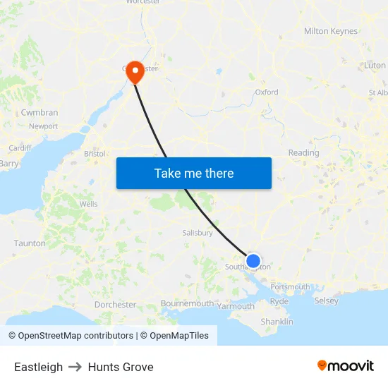 Eastleigh to Hunts Grove map