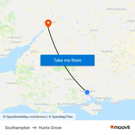 Southampton to Hunts Grove map