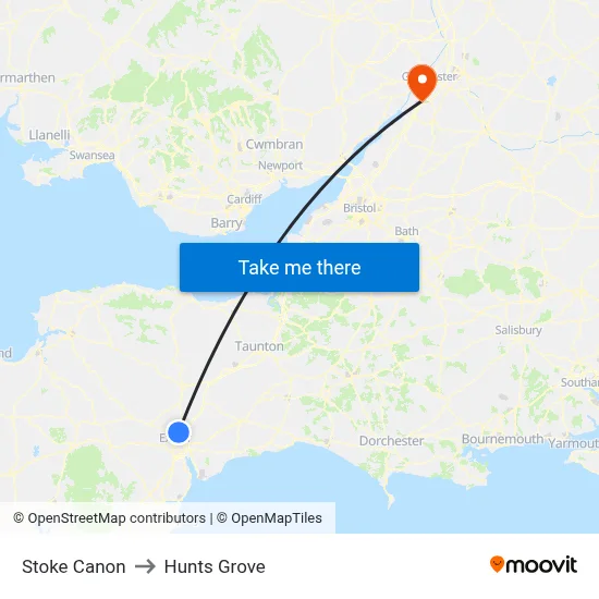 Stoke Canon to Hunts Grove map