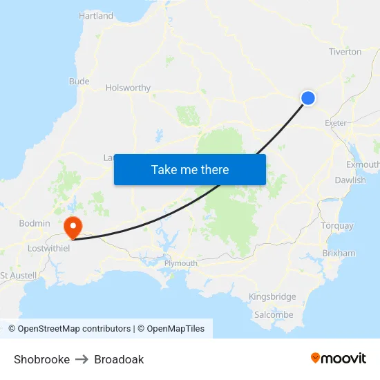 Shobrooke to Broadoak map