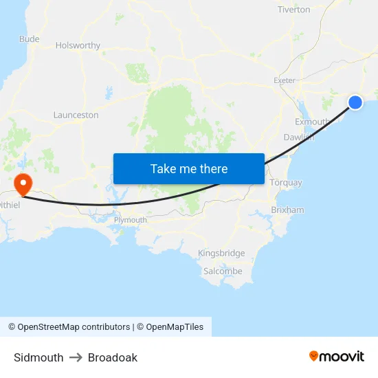Sidmouth to Broadoak map