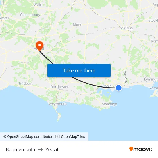 Bournemouth to Yeovil map