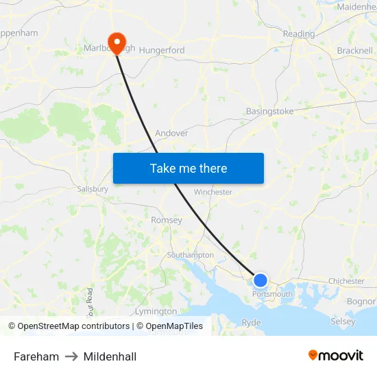 Fareham to Mildenhall map