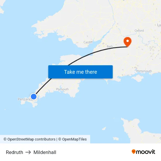 Redruth to Mildenhall map