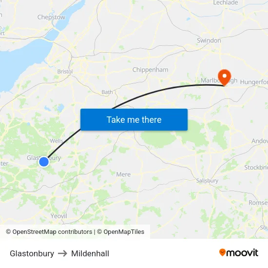 Glastonbury to Mildenhall map