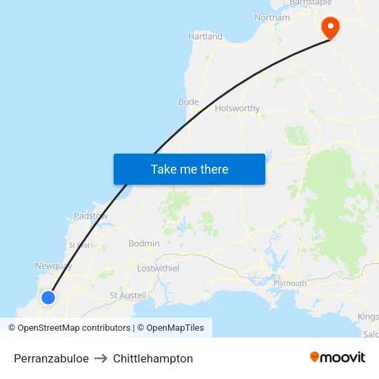 Perranzabuloe to Chittlehampton map