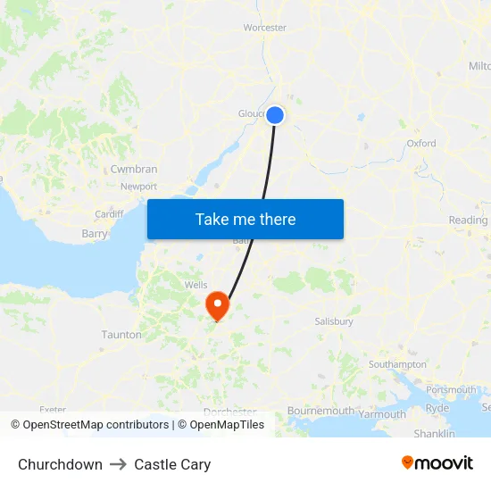 Churchdown to Castle Cary map
