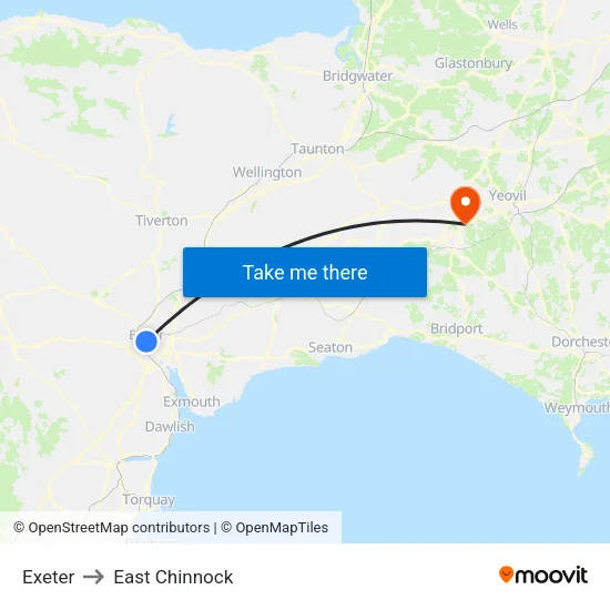 Exeter to East Chinnock map