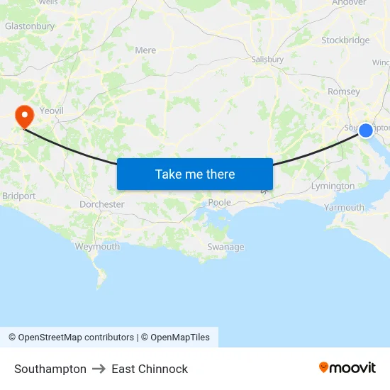 Southampton to East Chinnock map