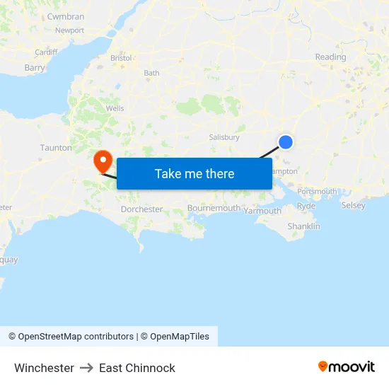 Winchester to East Chinnock map
