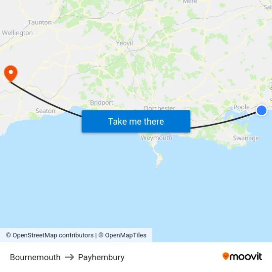 Bournemouth to Payhembury map