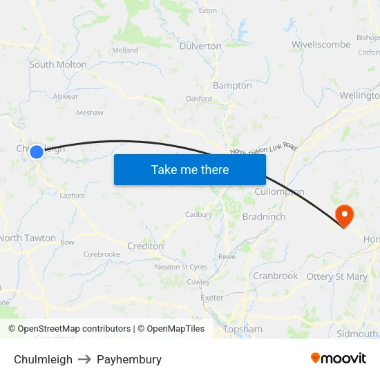 Chulmleigh to Payhembury map